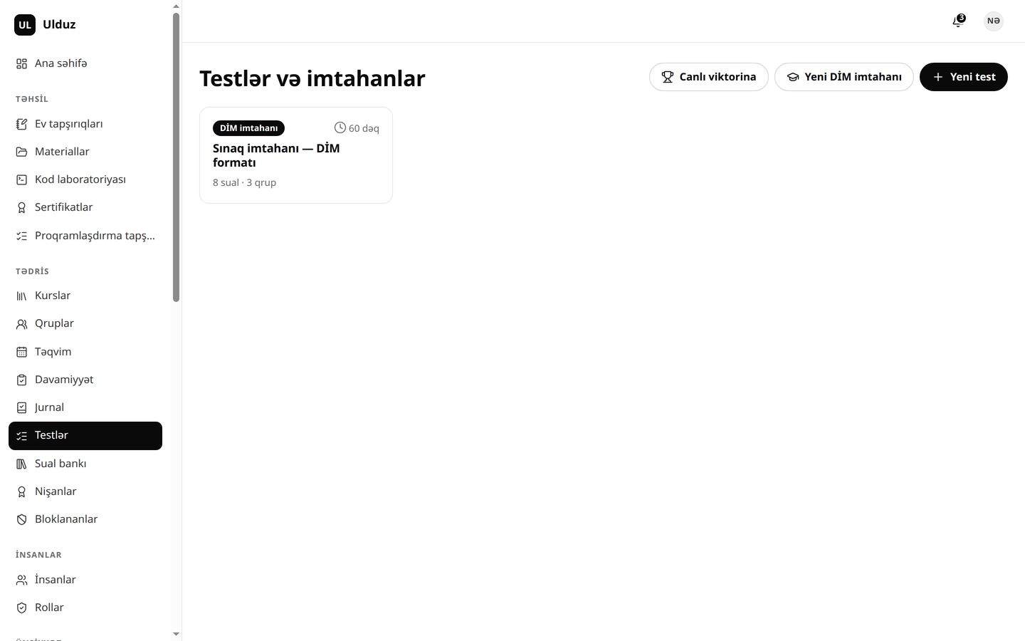 Testlər və imtahanlar
